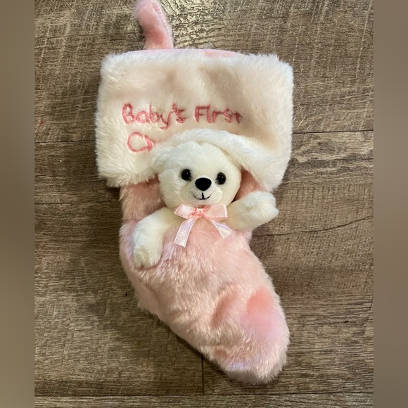 Little pink fuzzy Baby’s 1st Christmas stocking - Picture 2 of 6